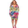 Hot selling with sleeve long fat woman printed summer women v-neck plus size tie dye front zipper fat casual dress